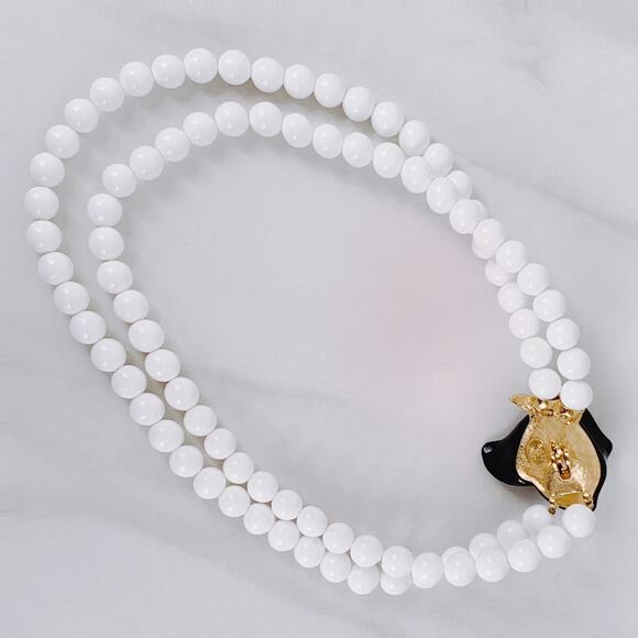 Vintage Signed K.J.L. for Avon Black Rose White Bead Necklace Gold Tone 1980s - Picture 9 of 16